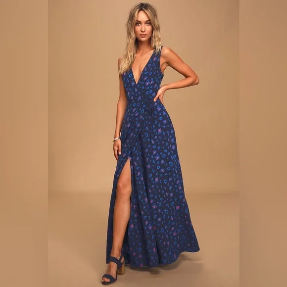 Lulus | Dresses | Nwt Lulus Dare To Be Wild Navy Blue Multi Leopard Print  Wrap Maxi Dress | Poshmark